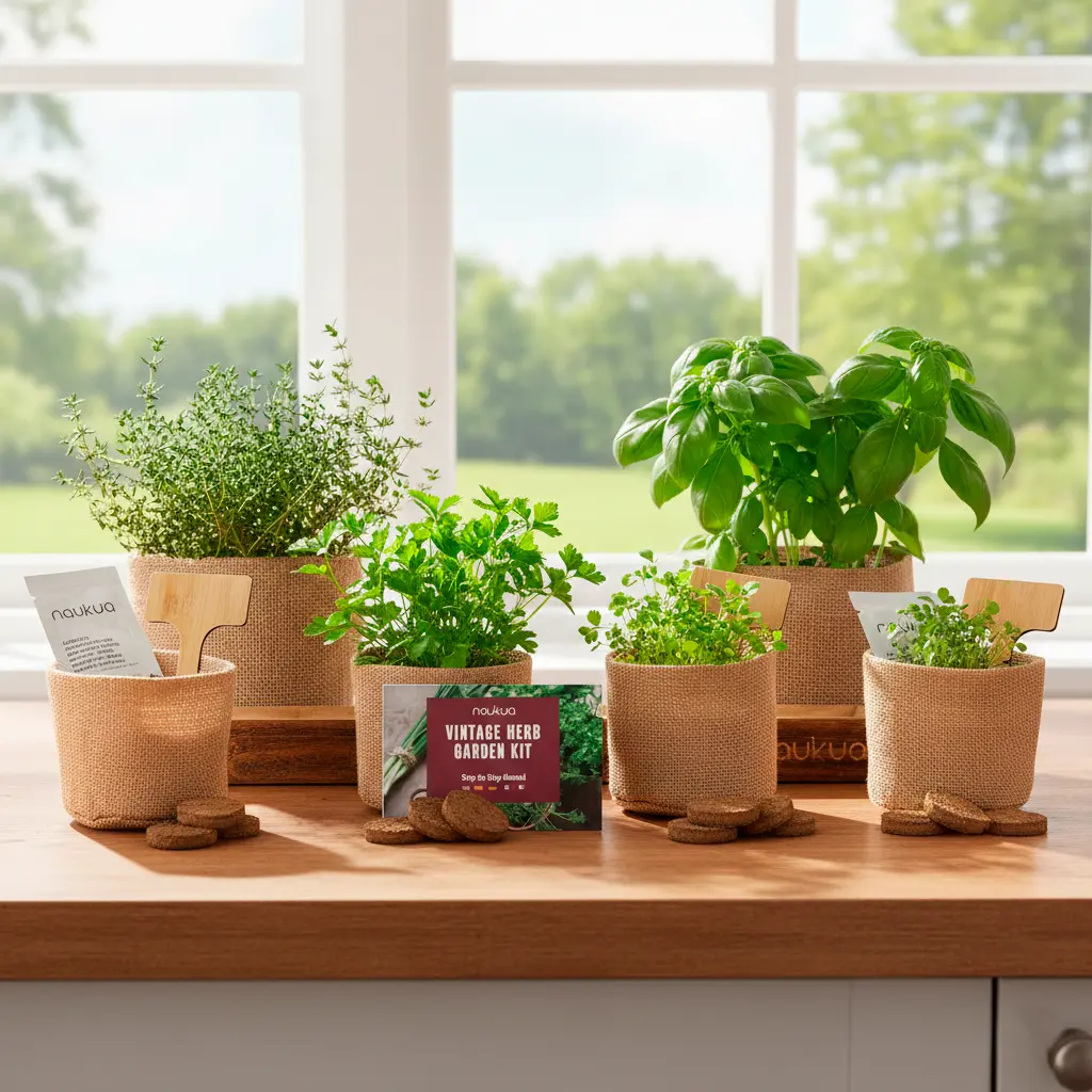 Kit vintage para cultivar ervas aromáticas com bandeja de madeira e vasos de juta