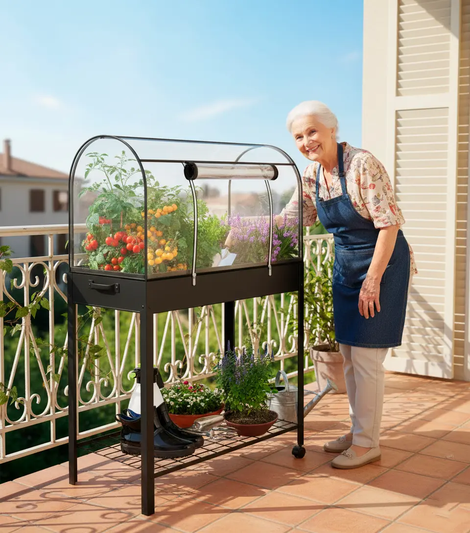 Mesa de cultivo elevada com cobertura transparente em PVC, rodas e prateleira inferior