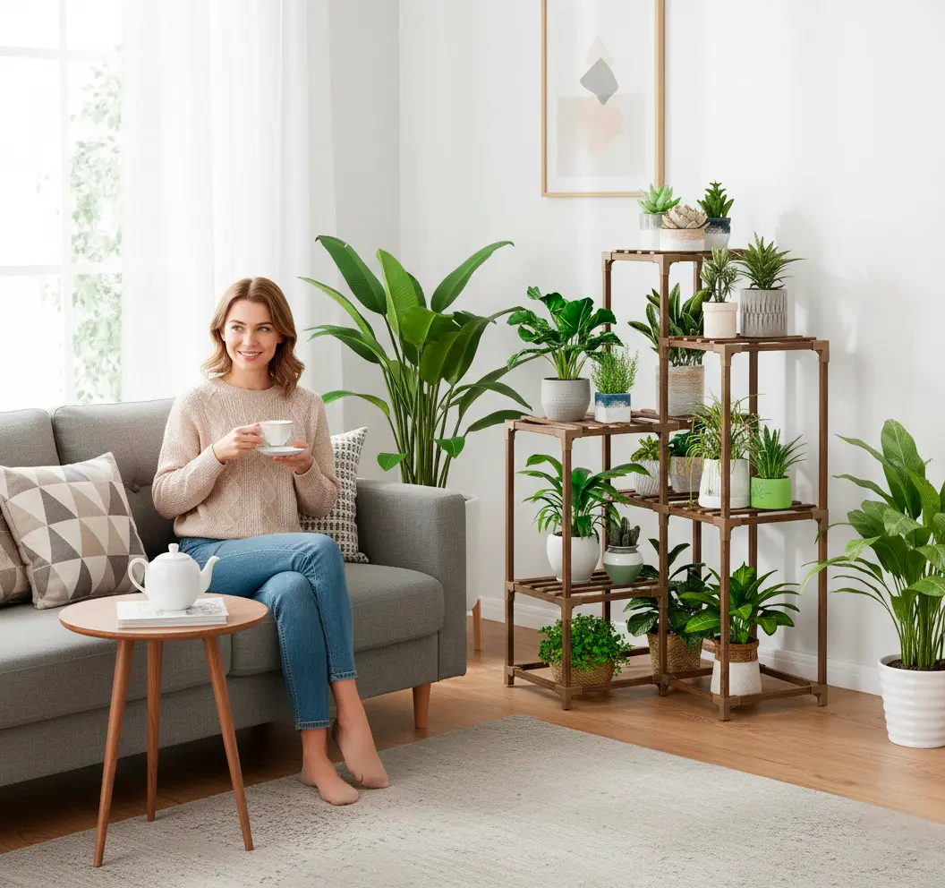 Estante de canto para plantas com vários níveis (madeira)