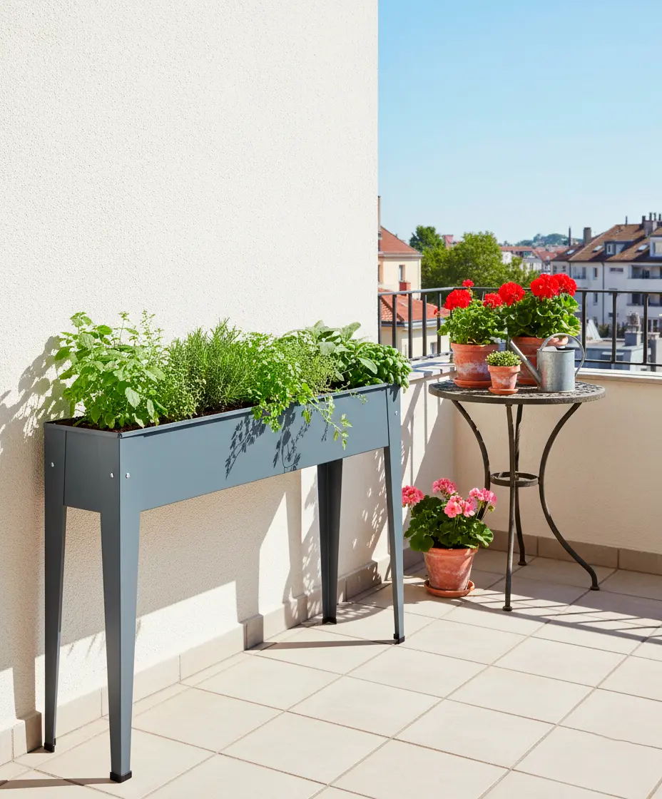 Jardineira retangular alta em metal antracite, ideal para varanda/terraço