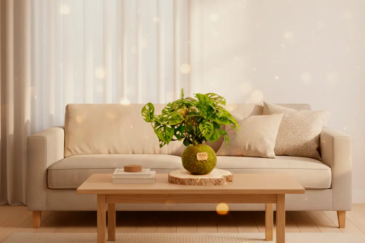 Depois: canto com Kokedama Monstera